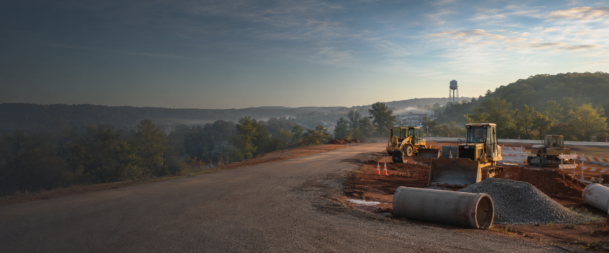 Arkansas-inspired public works scene with Ozark foothills and municipal construction